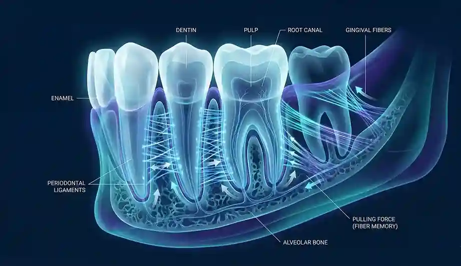 Illustration of teeth shifting and gum fibers