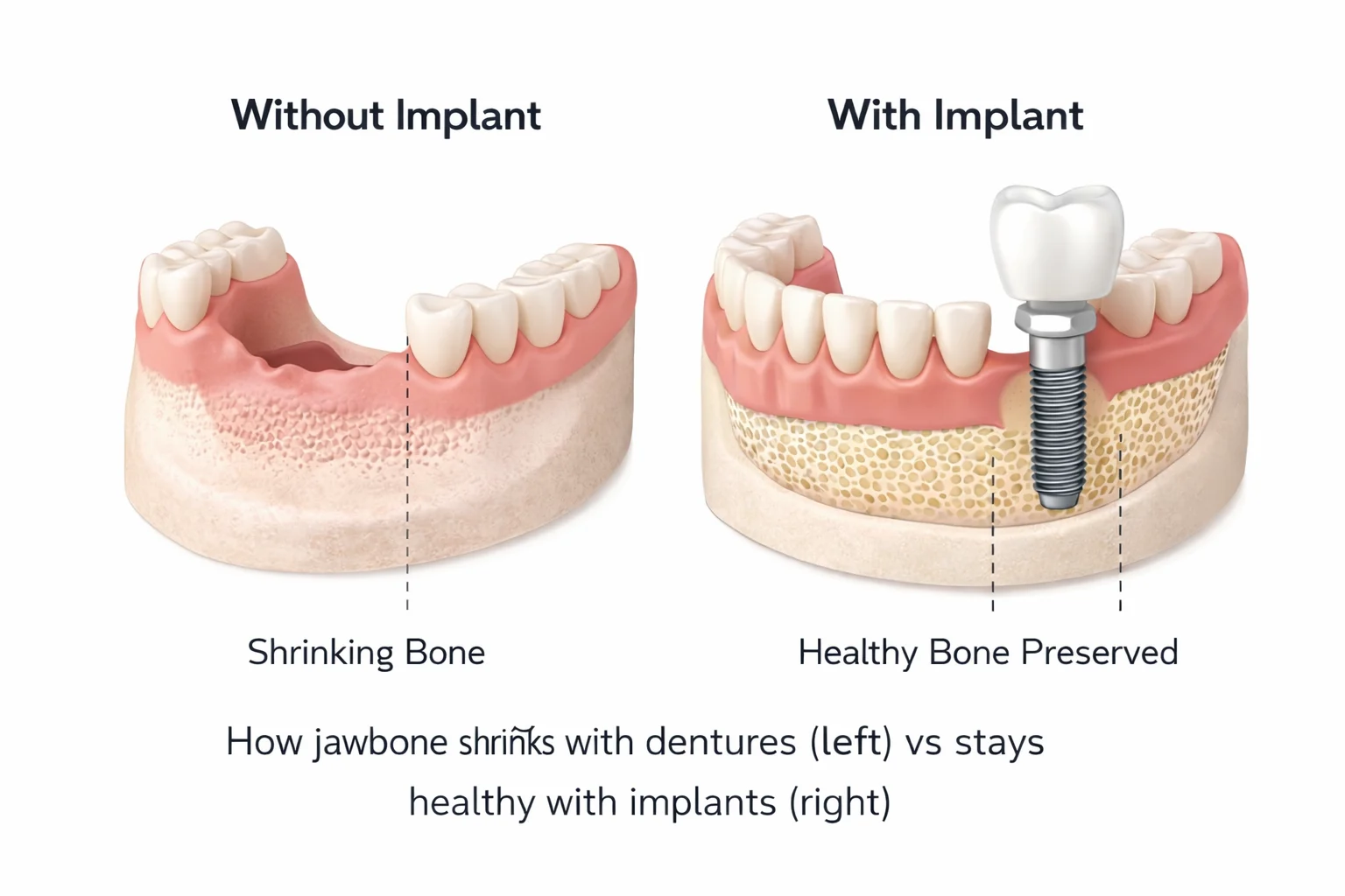 Jawbone loss with dentures vs preserved bone with dental implants