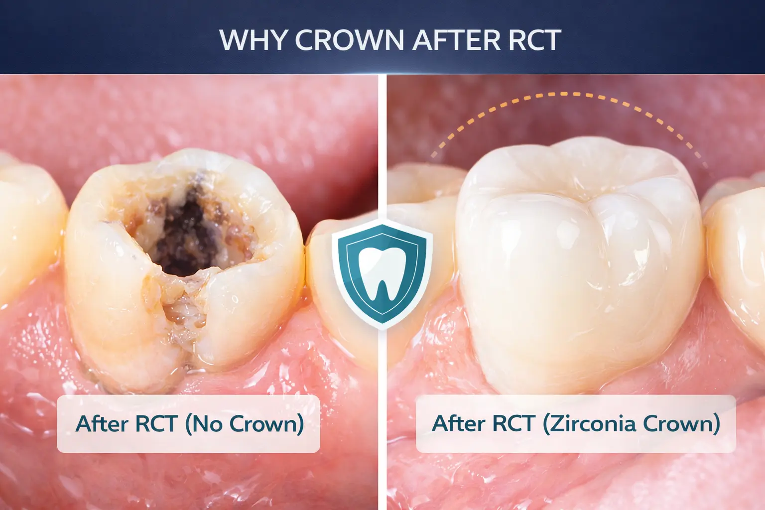 Before and after dental crown placement after root canal treatment
