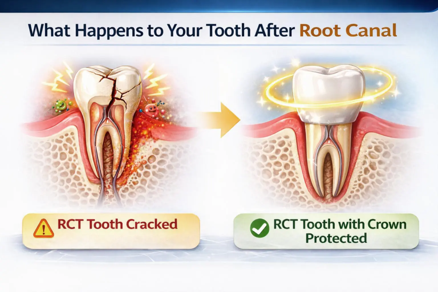 Root canal tooth without crown vs tooth with crown — fracture risk comparison