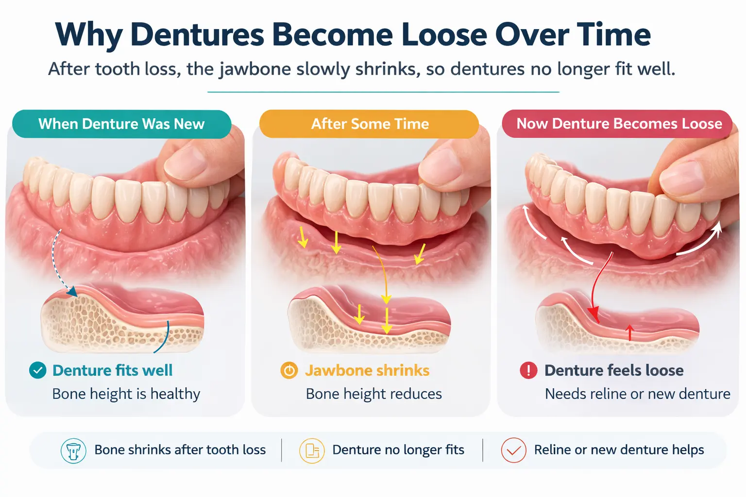 Diagram showing gap between loose denture base and shrinking gum ridge