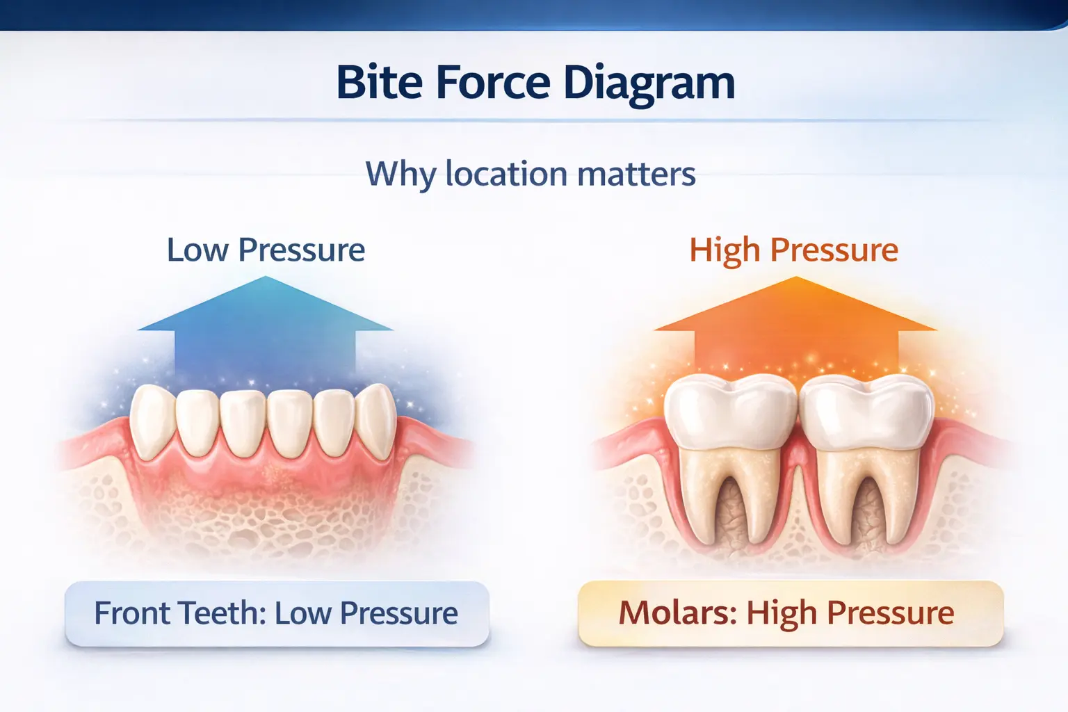Diagram showing bite force distribution across jaw — why molars need crown after root canal