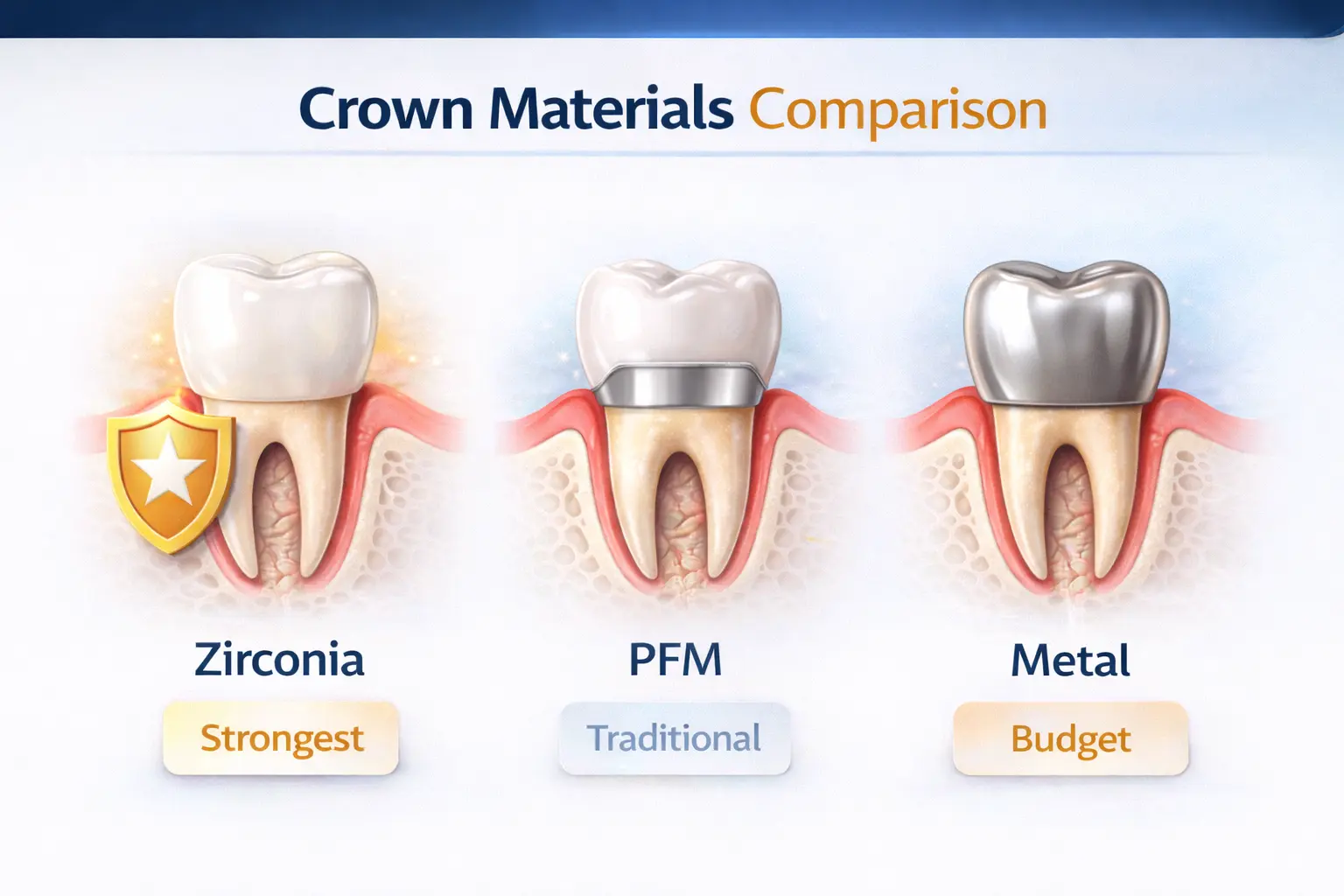 Comparison of dental crown materials — Zirconia vs PFM vs Emax