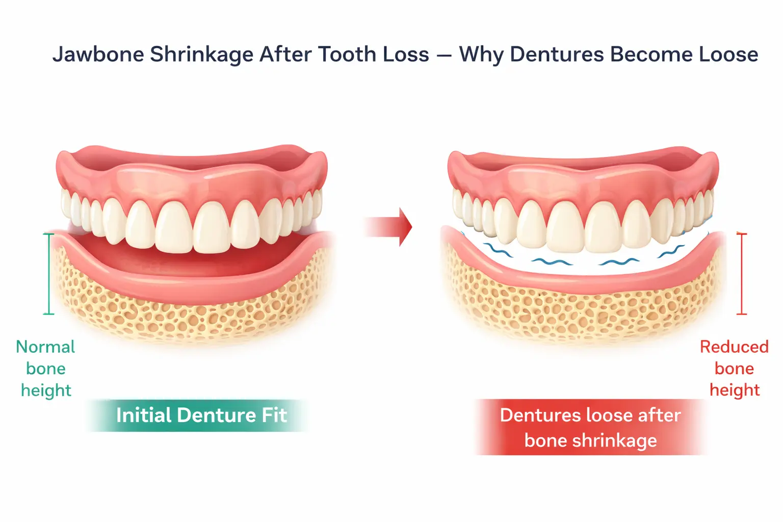 Jawbone shrinkage after tooth loss — why dentures become loose over time