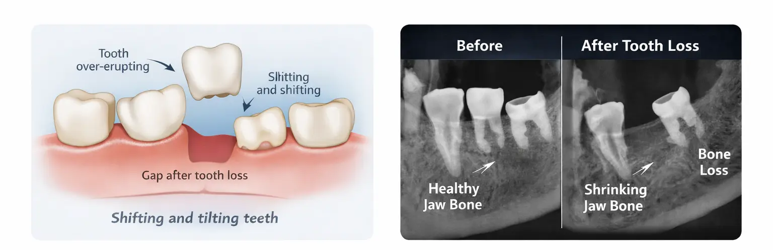 teeth shifting into gap after tooth loss dental illustration — Center for Dental Implants and Esthetics Gurgaon