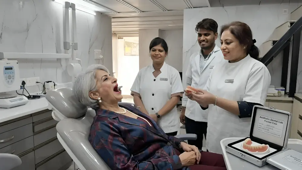 Dentist examining denture fit for patient in Gurgaon