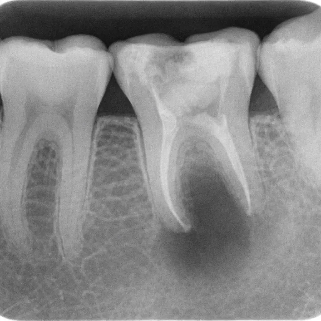 Periapical abscess on dental X-ray — dark shadow around root tip showing bone destruction