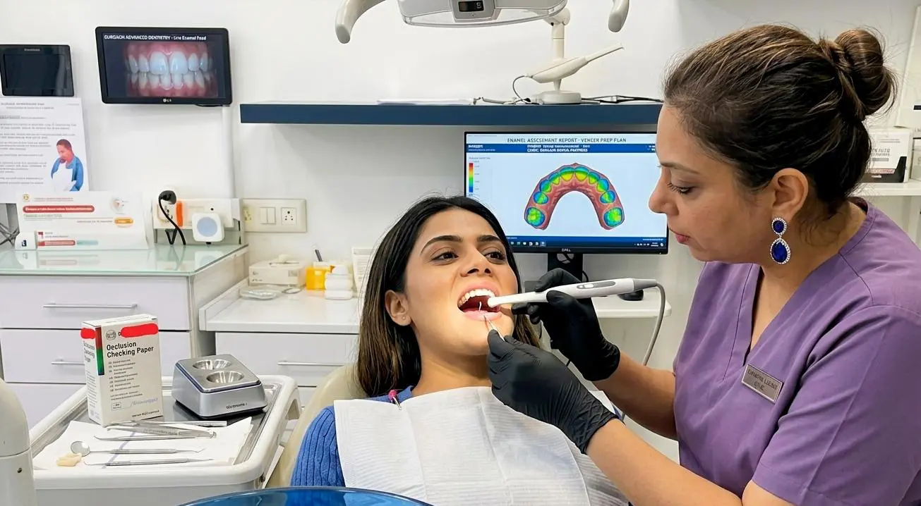 Close-up dental examination showing tooth enamel assessment before veneer preparation in Gurgaon