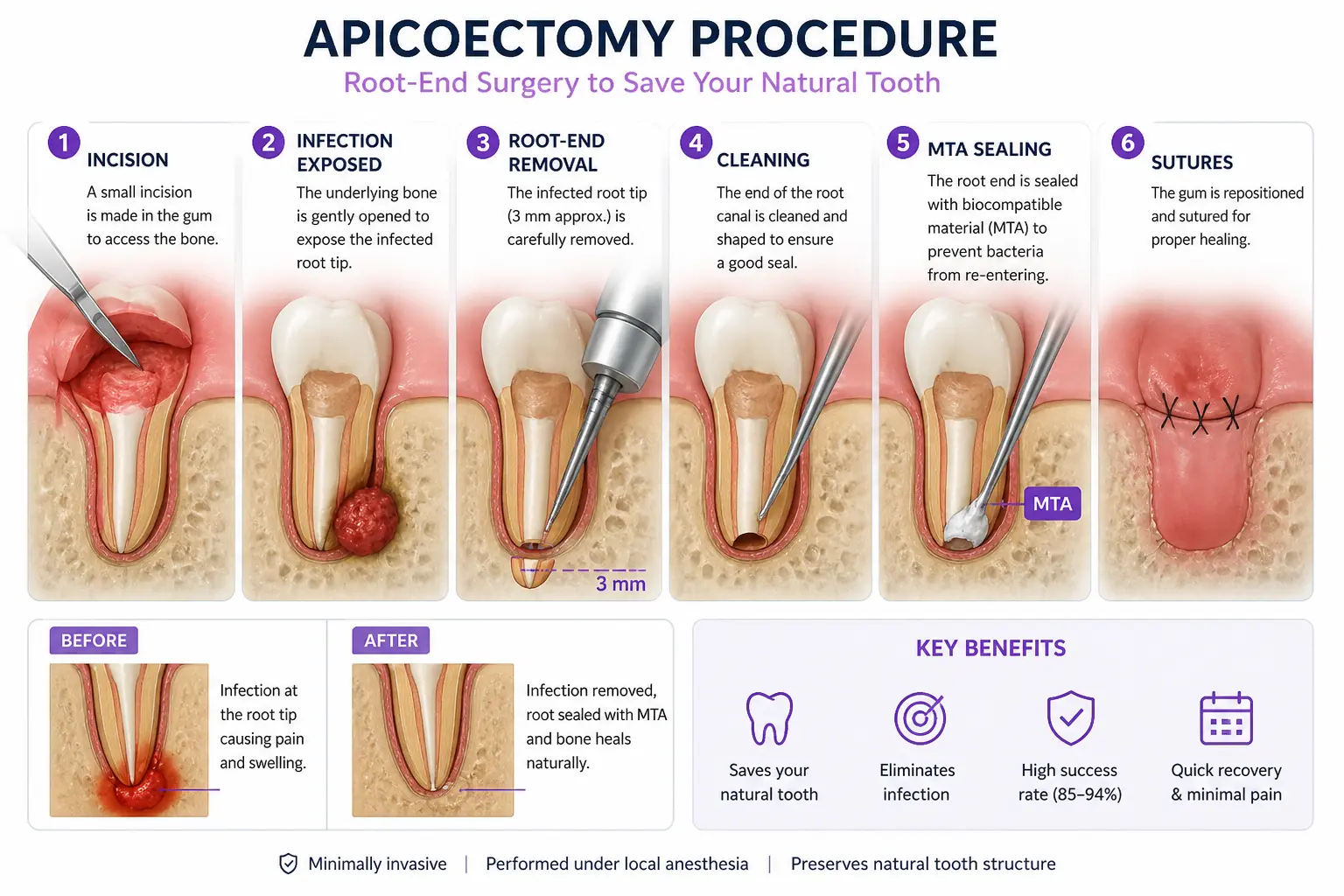 Endodontic apicoectomy surgical procedure root-end removal and MTA sealing technique