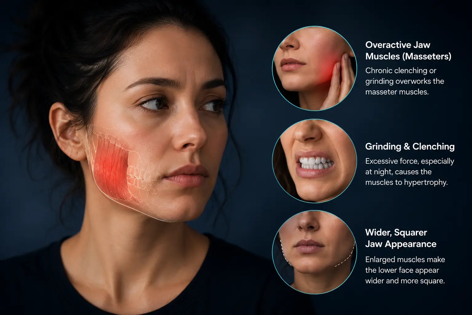 Jaw muscle masseter enlargement from teeth grinding illustration