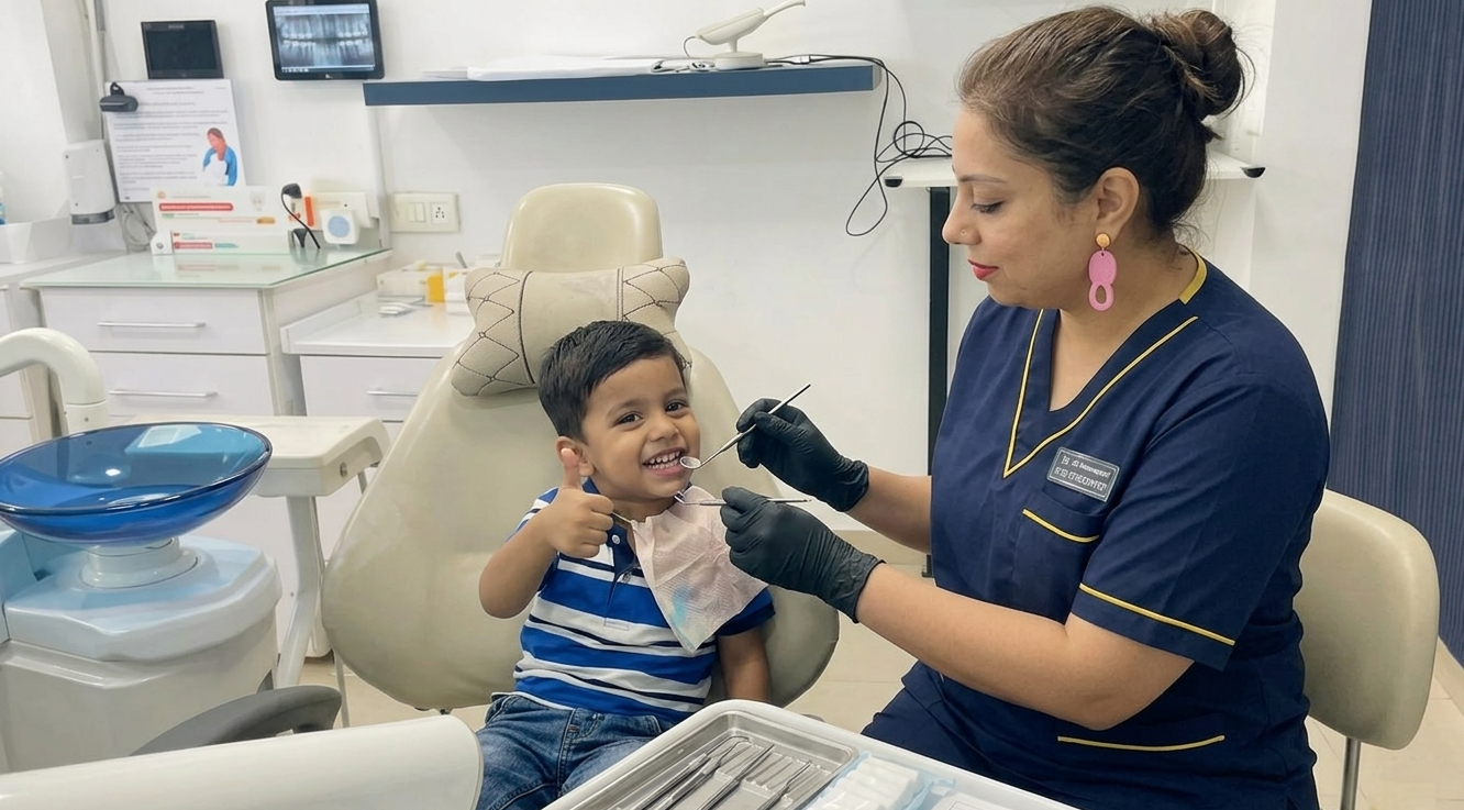 Child at dental clinic with a dentist checking teeth