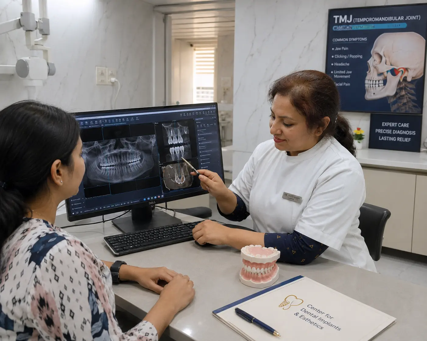 Dr. Jyoti Singh reviewing CBCT scan during broken tooth consultation at CDIE Gurgaon
